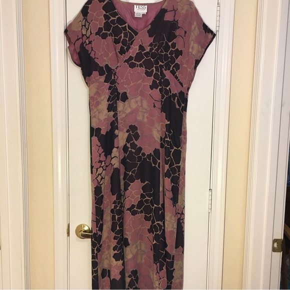 Tess dress 100% Silk Black Mauve Tan VNeck Short Sleeve Lined Maxi Dress Size 10 - Picture 3 of 8